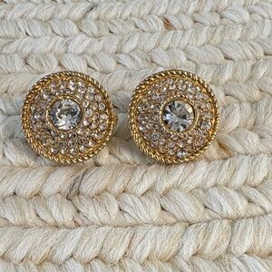 CHANEL Gold-Tone Pave Crystal Round Button Earrings